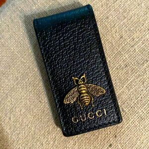 Gucci Black Leather Money Clip with Gold Bee Accent